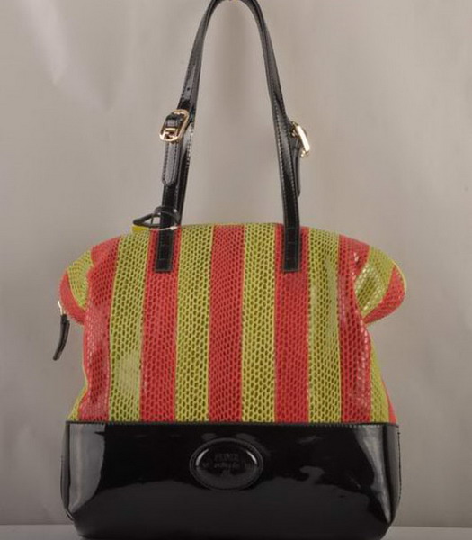 Fendi Tote Bag Green&Red Snake Leather with Black Patent Leather