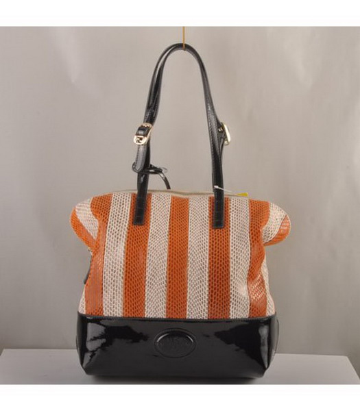 Fendi Tote Bag White&Orange Snake Leather with Black Patent Leather