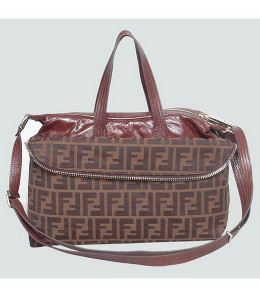 Fendi Tote Shoulder Canvas Bag with Coffee Leather Trim