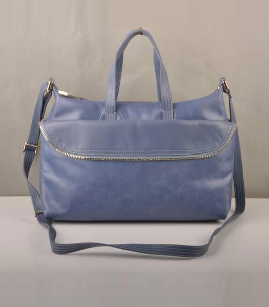 Fendi Unzipped Zip Light Blue Oil Leather Tote Shoulder Bag 
