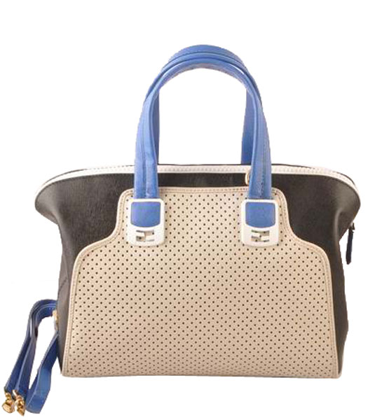 Fendi White Calfskin Covered By Holes With Black Leather Small Tote Bag