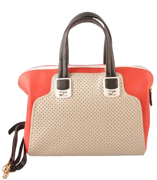 Fendi White Calfskin Covered By Holes With Red Leather Small Tote Bag