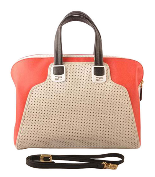 Fendi White Calfskin Covered By Holes With Red Leather Tote Bag