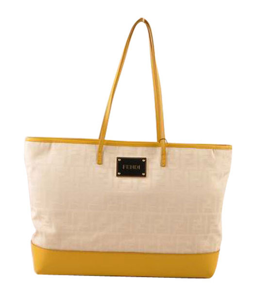 Fendi White F Fabric With Yellow Calfskin Leather Shoulder Bag