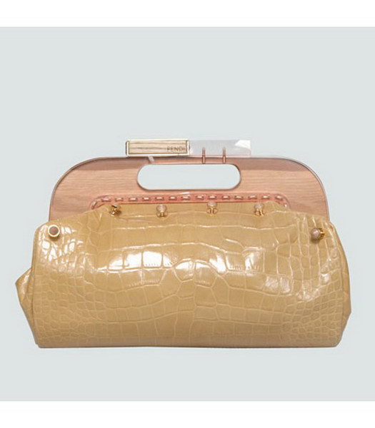 Fendi Wood Handle Tote Bag Croc Veins Leather Yellow