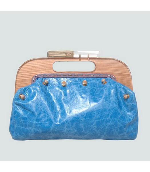 Fendi Wood Handle Tote Bag Oil Leather Blue