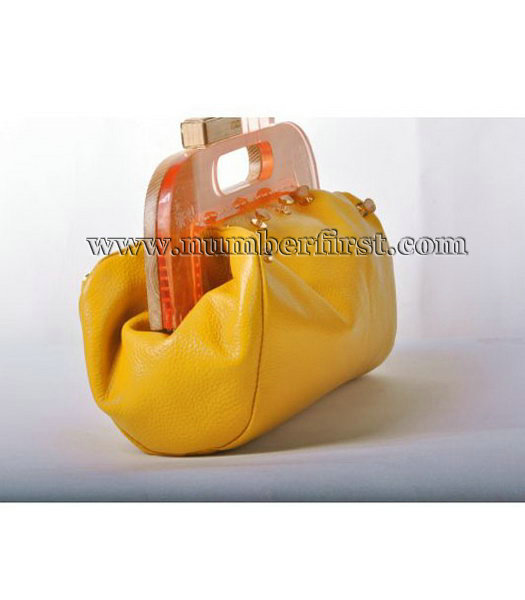 Fendi Wood Handle Tote Bag Togo Leather Yellow-1