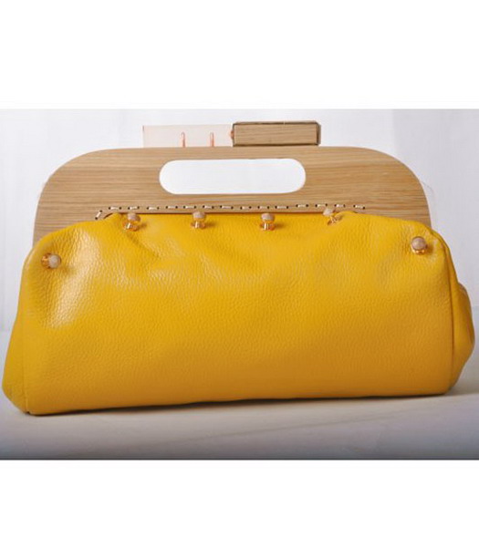 Fendi Wood Handle Tote Bag Togo Leather Yellow