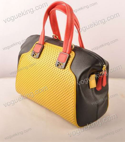 Fendi Yellow Calfskin Covered By Holes With Black Leather Small Tote Bag-1