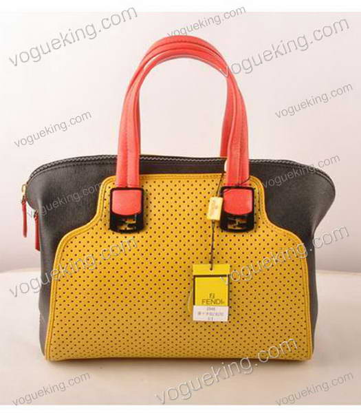 Fendi Yellow Calfskin Covered By Holes With Black Leather Small Tote Bag-2