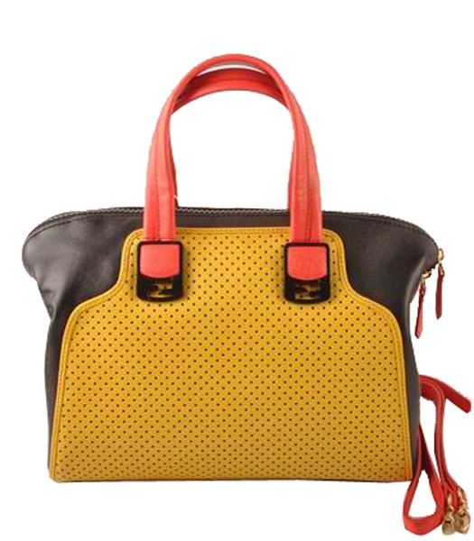 Fendi Yellow Calfskin Covered By Holes With Black Leather Small Tote Bag