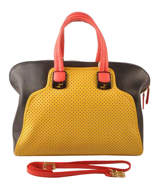 Fendi Yellow Calfskin Covered By Holes With Black Leather Tote Bag