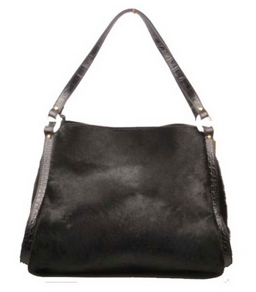 Fendi Zucca Black Horsehair With Croc Veins Leather Shoulder Bag
