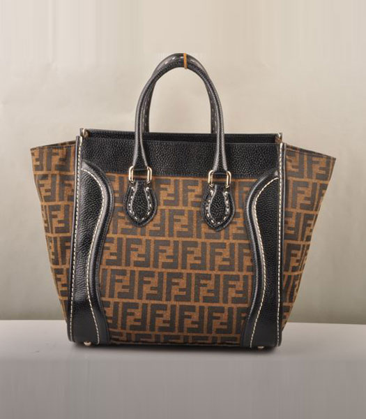 Fendi Zucca F Fabric with Black Leather Tote Bag 