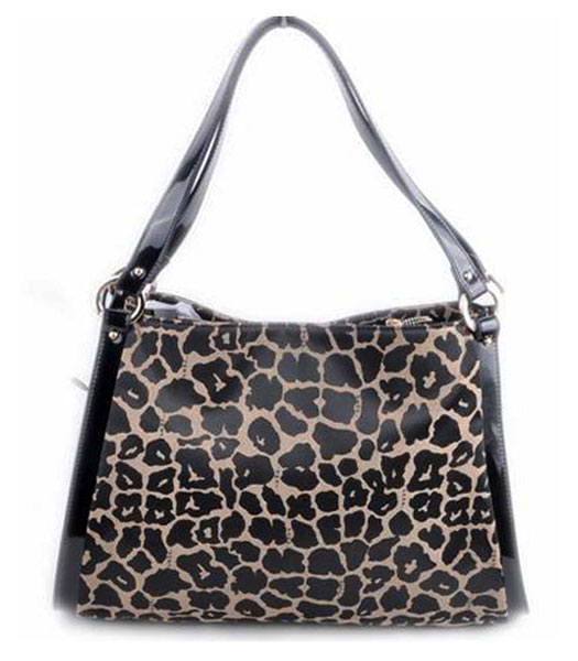 Fendi Zucca Leopard Fabric with Black Patent Leather Shoulder Bag