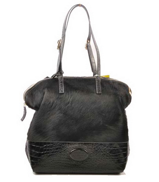 Fendi Zucca Shopper Handbag Black Horsehair With Croc Veins Leather