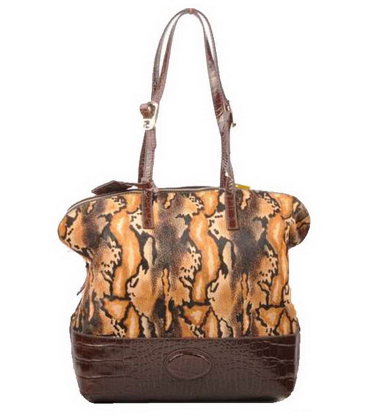 Fendi Zucca Shopper Handbag Coffee Python with Croc Veins Leather