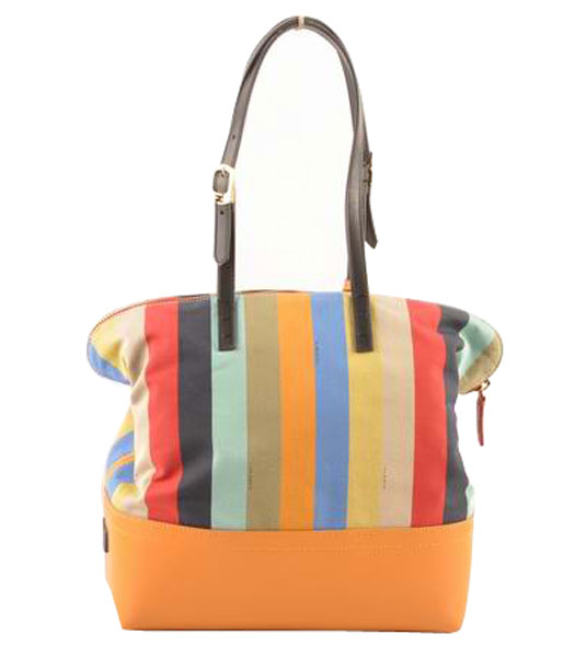 Fendi Zucca Shopper Handbag Multicolor Striped Fabric With Yellow Leather