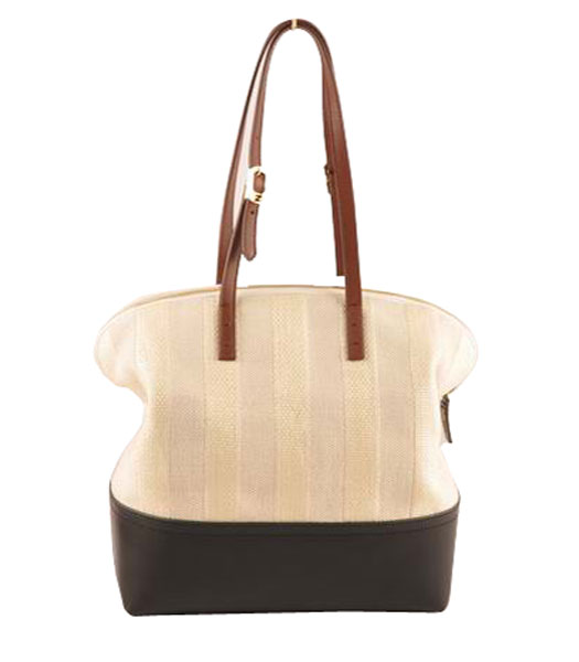 Fendi Zucca Shopper Handbag Offwhite Striped Linen With Black Leather