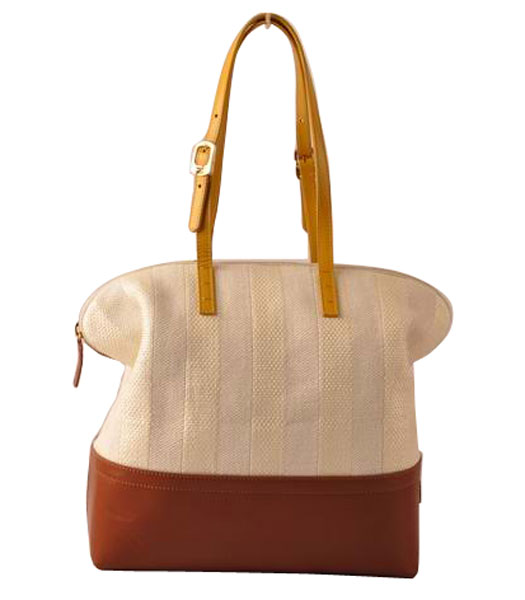 Fendi Zucca Shopper Handbag Offwhite Striped Linen With Earth Yellow Leather