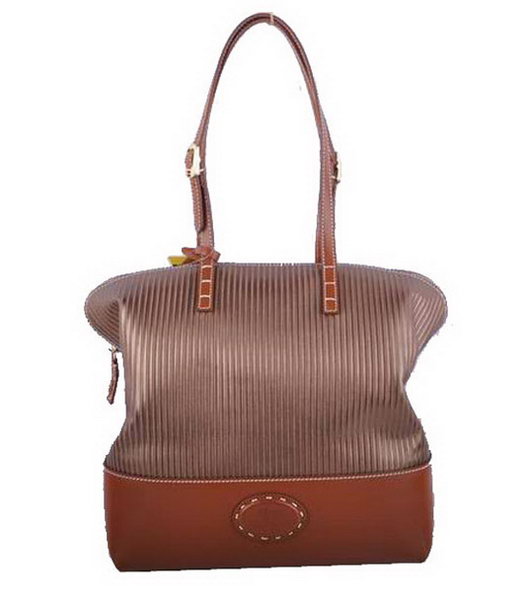 Fendi Zucca Shopper Handbag With Coffee Stripe Leather