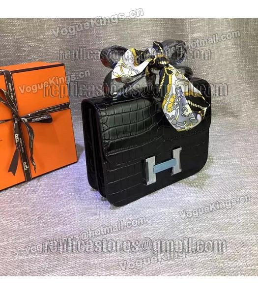 Hermes 23cm Croc Veins Black Leather Shoulder Bag-1