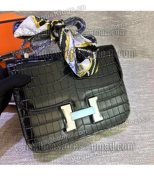 Hermes 23cm Croc Veins Black Leather Shoulder Bag-3