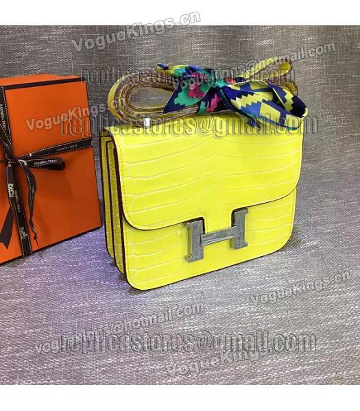 Hermes 23cm Croc Veins Lemon Yellow Leather Shoulder Bag-1