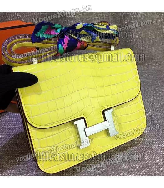 Hermes 23cm Croc Veins Lemon Yellow Leather Shoulder Bag-3