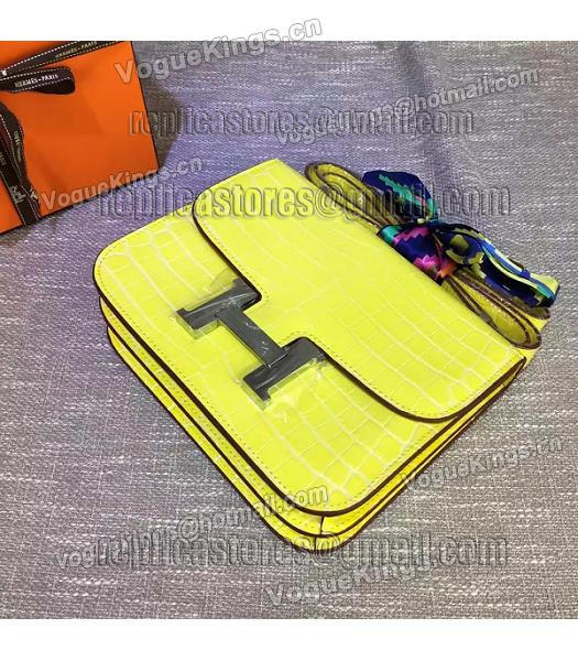 Hermes 23cm Croc Veins Lemon Yellow Leather Shoulder Bag-7