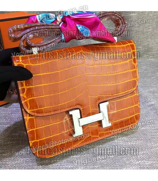 Hermes 23cm Croc Veins Orange Leather Shoulder Bag-3