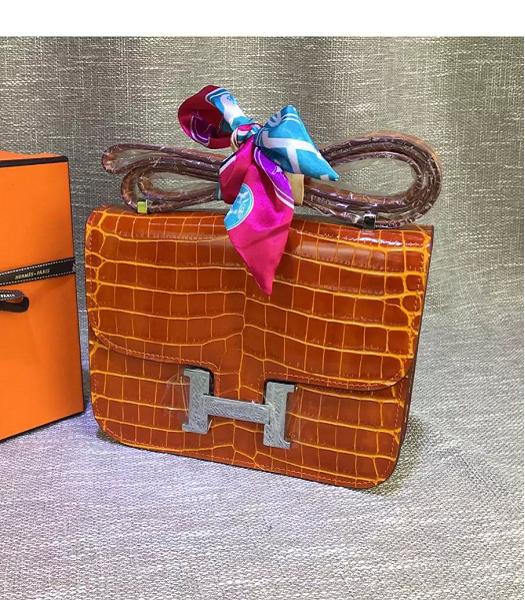 Hermes 23cm Croc Veins Orange Leather Shoulder Bag