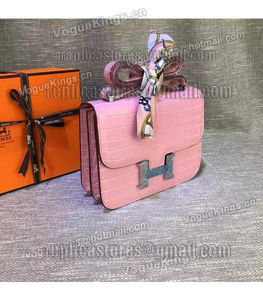 Hermes 23cm Croc Veins Pink Leather Shoulder Bag-1