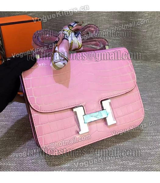 Hermes 23cm Croc Veins Pink Leather Shoulder Bag-4