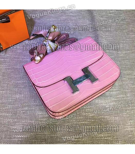 Hermes 23cm Croc Veins Pink Leather Shoulder Bag-7