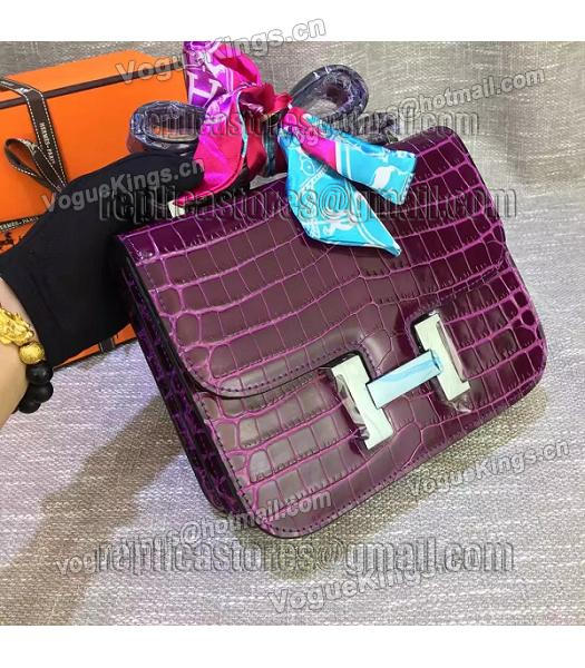 Hermes 23cm Croc Veins Purple Leather Shoulder Bag-3