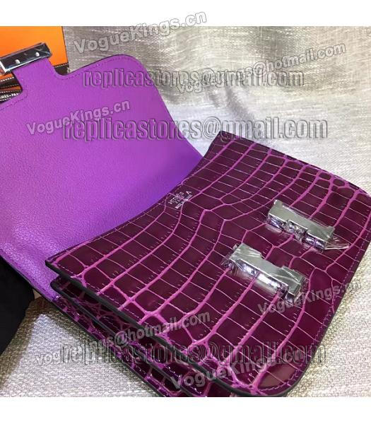Hermes 23cm Croc Veins Purple Leather Shoulder Bag-5