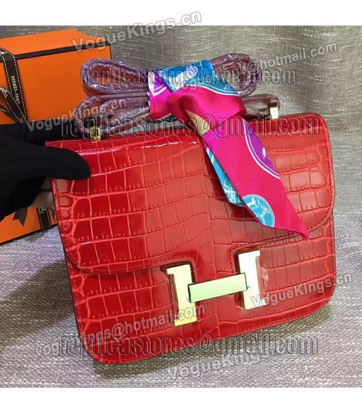 Hermes 23cm Croc Veins Red Leather Shoulder Bag-4