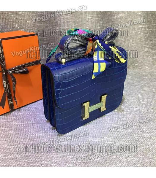 Hermes 23cm Croc Veins Sapphire Blue Leather Shoulder Bag-1