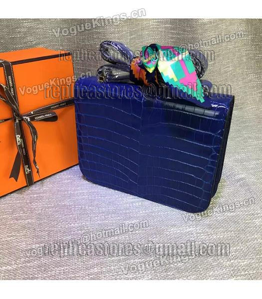 Hermes 23cm Croc Veins Sapphire Blue Leather Shoulder Bag-2