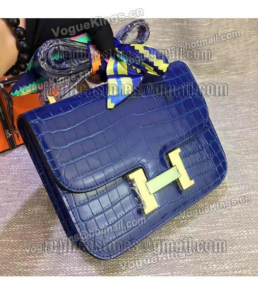 Hermes 23cm Croc Veins Sapphire Blue Leather Shoulder Bag-3