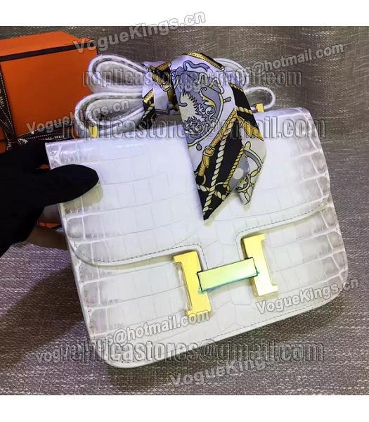 Hermes 23cm Croc Veins White&Grey Leather Shoulder Bag-3