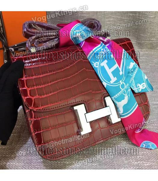 Hermes 23cm Croc Veins Wine Red Leather Shoulder Bag-3
