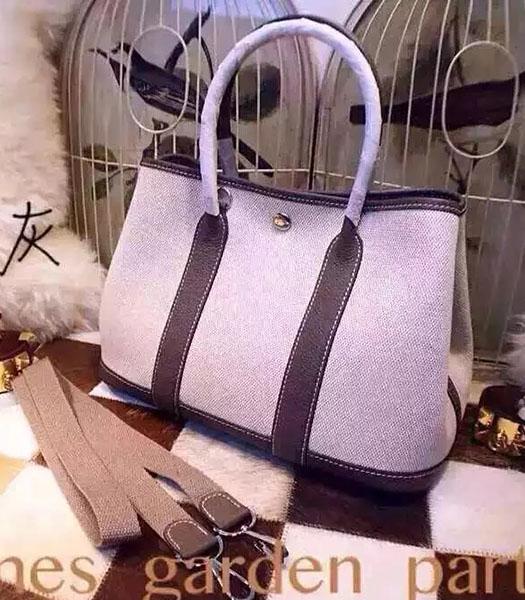 Hermes 32cm Fabric With Elephant Grey Leather Garden Party Tote Bag