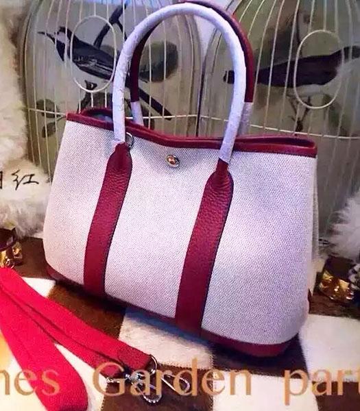 Hermes 32cm Fabric With Wine Red Leather Garden Party Tote Bag