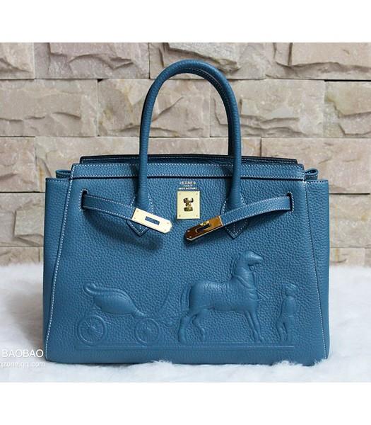 Hermes 35cm Togo Leather Horse-drawn Tote Bag In Blue