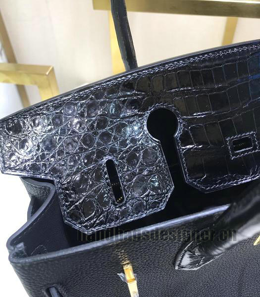 Hermes Birkin 30cm Bag Black Real Croc With Togo Leather Golden Metal-3
