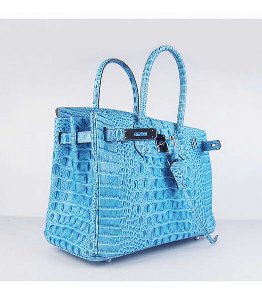 Hermes Birkin 30cm Bag Croc Head Veins Bag in Blue calfskin Silver Metal-3