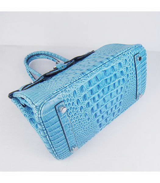 Hermes Birkin 30cm Bag Croc Head Veins Bag in Blue calfskin Silver Metal-4
