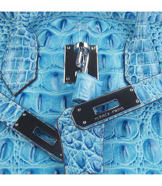 Hermes Birkin 30cm Bag Croc Head Veins Bag in Blue calfskin Silver Metal-6